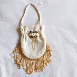 Vintage Victorian Biege Purse Hanging Decoration-Roses,Pearls,Fringe,RopeHandle